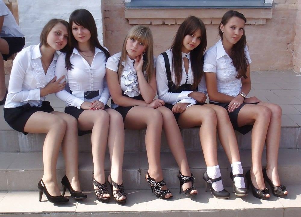 Five Schoolgirls wearing White Sheer Pantyhose and Black High Heels